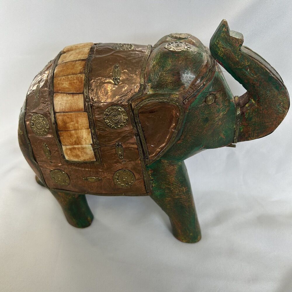 Vtg Carved Wood Elephant Sculpture Hammered Copper Brass and Bovine Bone Inlay